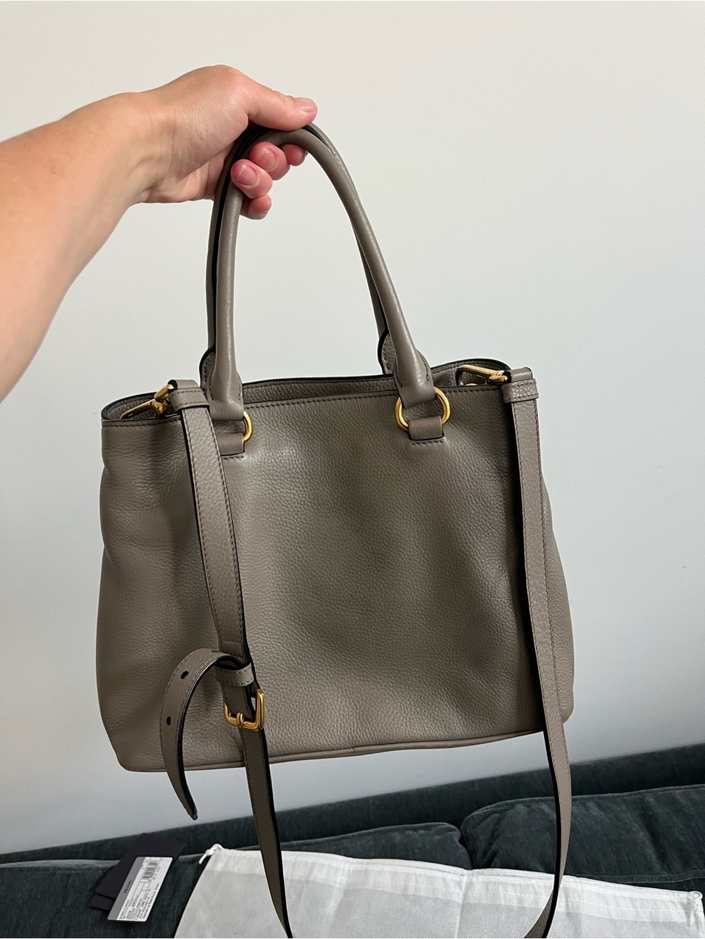 100% AUTH Prada Taupe Pebbled Leather Satchel with Gold Hardware - Picture 4 of 14
